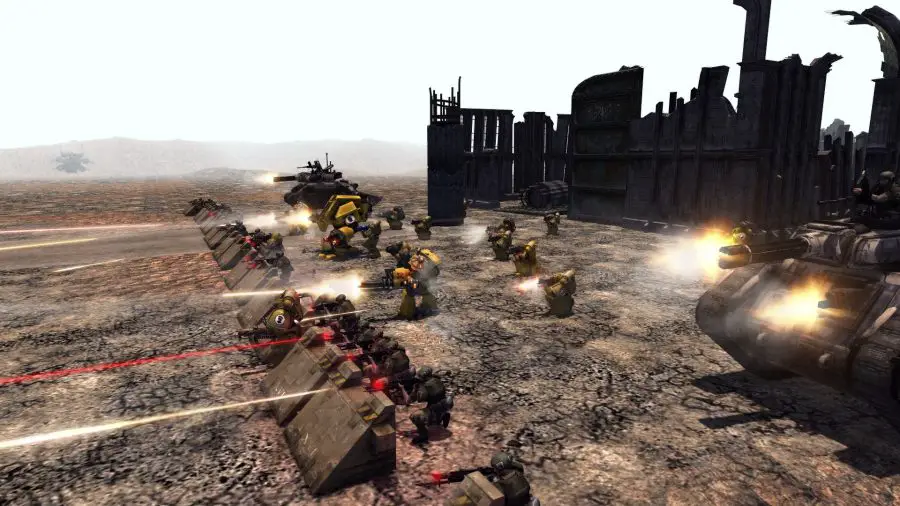 Pěchotní a tankové jednotky Warhammer 40k Imperium bránící ruiny