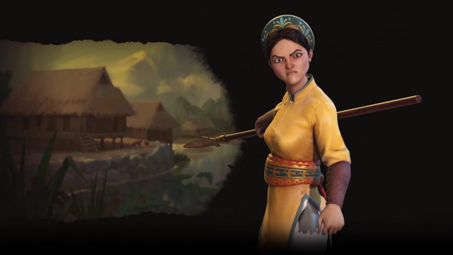 Una dama vietnamita con una lanza que parece enojada y señala detrás de ella