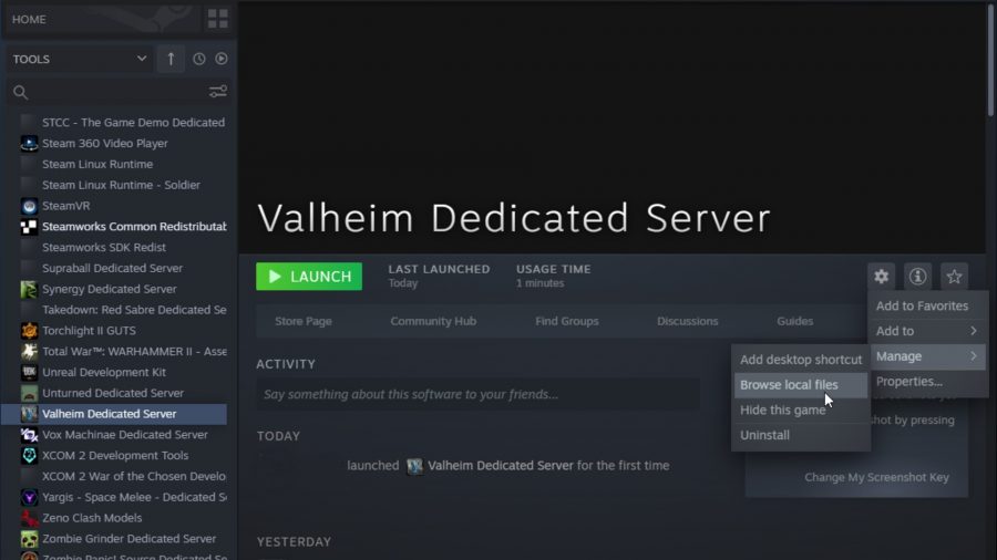 Survolant `` Parcourir les fichiers locaux '' sur le serveur dédié Valheim sur Steam