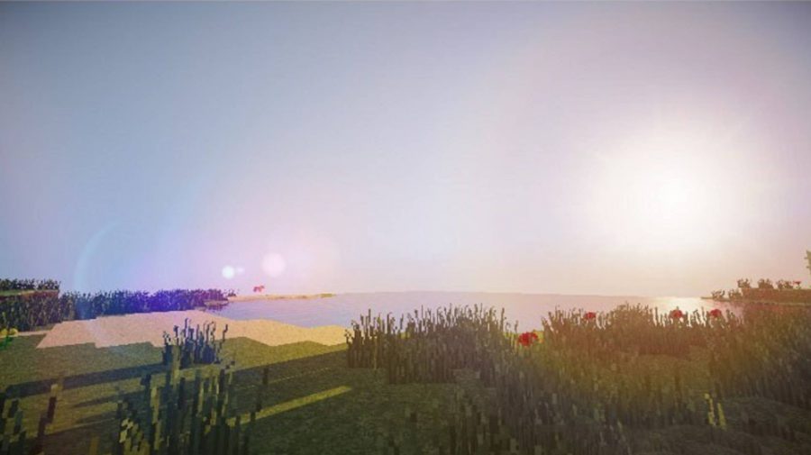 Lo shader senza ritardi di Minecraft mostra una bellissima scena costiera con un sole al tramonto, una spiaggia e fiori.