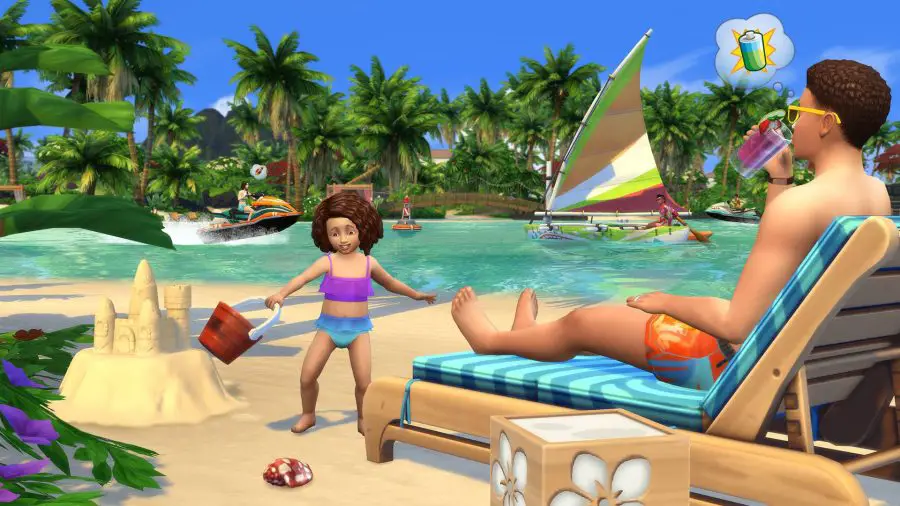 Un niño y un padre juegan en la playa en Los Sims 4