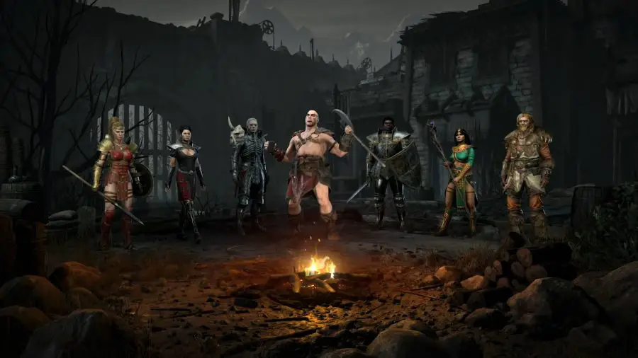 Toutes les classes de Diablo 2 ressuscité debout près d'un feu.  Le barbare crie.