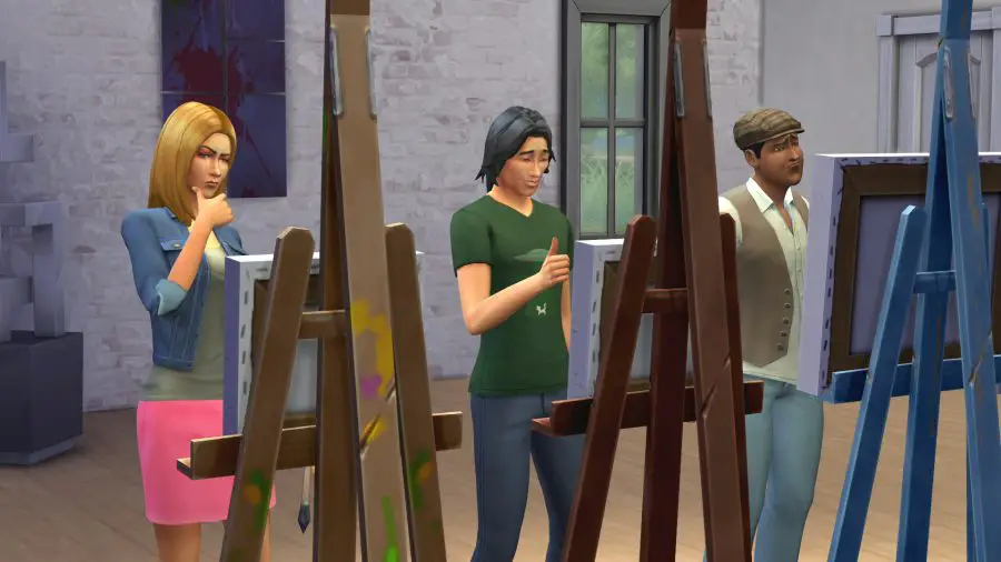 Sims stehen auf Staffeleien und malen möglicherweise ihren idealen Sims 5-Nachfolger