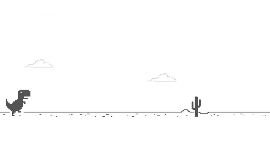 Ein Dinosaurier, der bereit ist, in Google Chrome über einen Kaktus zu springen