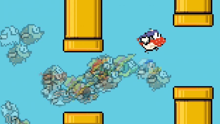99 oiseaux battant devant un fond bleu entre les tuyaux jaunes dans Flappy Royale.io