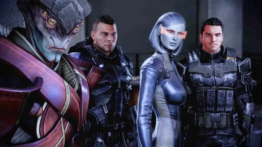 Čtyři spoluhráči z Mass Effect, Javik, James, EDI a Kaidan