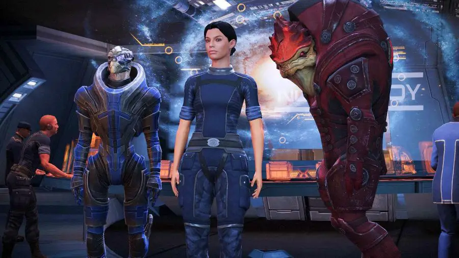 Ashley, Wrex y Garrus posando en Normandía en la mítica edición de Mass Effect