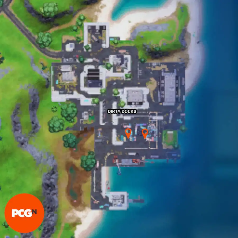 Due posizioni sulla mappa di Fortnite dove puoi raccogliere cibo per gatti identificato.