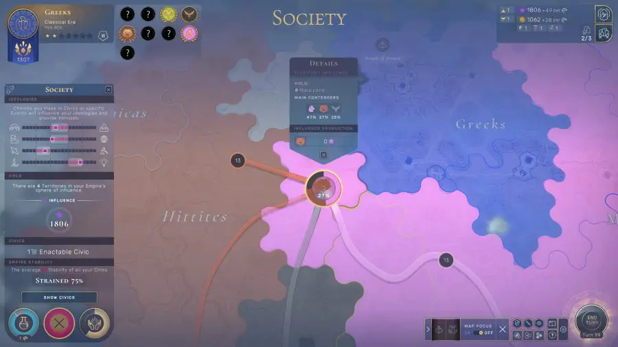 jeu de stratégie Humankind, où un territoire est concurrencé par plusieurs empires