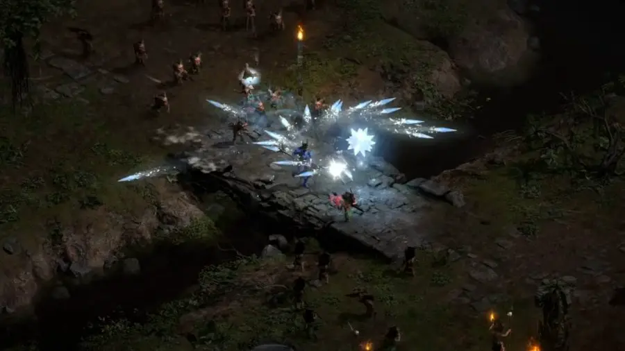 La sorcière lance un orbe gelé de son meilleur build Diablo 2 Ressuscité.  Il disperse des éclairs de glace sur les ennemis.