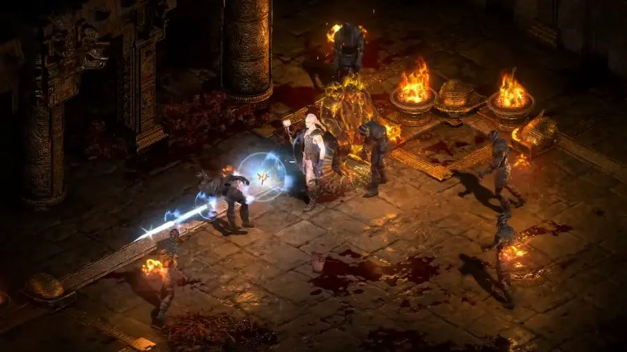 Der auferstandene Nekromant von Diablo 2 beschwört einen Feuergolem, der an seiner Seite kämpft