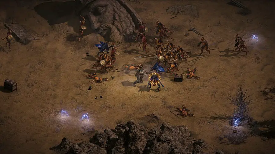 Lucha contra numerosos enemigos en Diablo 2 Resurrected.