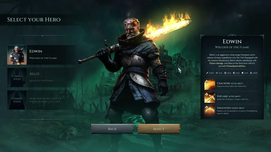 Obrazovka výběru hrdiny ve hře RTS Age of Darkness