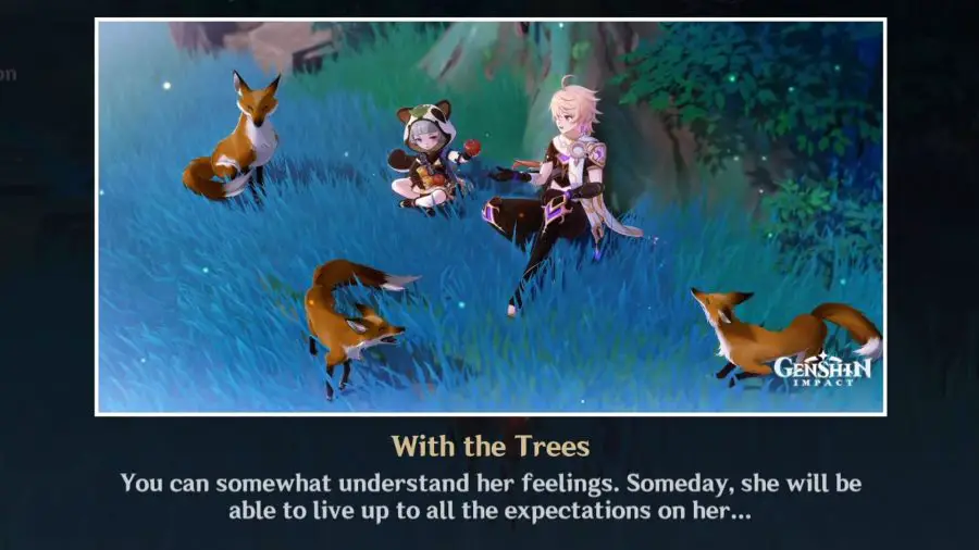 Sayu und der Reisende sitzen unter einem Baum mit Füchsen