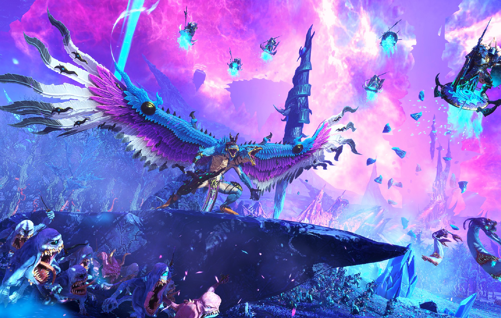 Le gameplay de "Total War: Warhammer 3" montre des démons du chaos contre des dragons et des sorciers