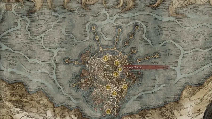Die Lage des Drachenkronen-Großschild-Talismans im Ring der Elden, Kartenansicht