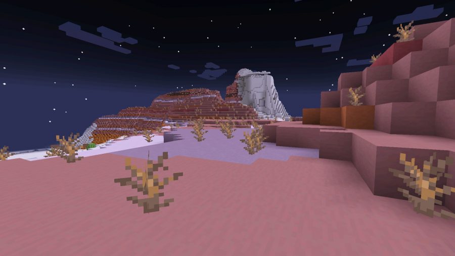 Une section vallonnée de badlands, l'un des nombreux biomes Minecraft