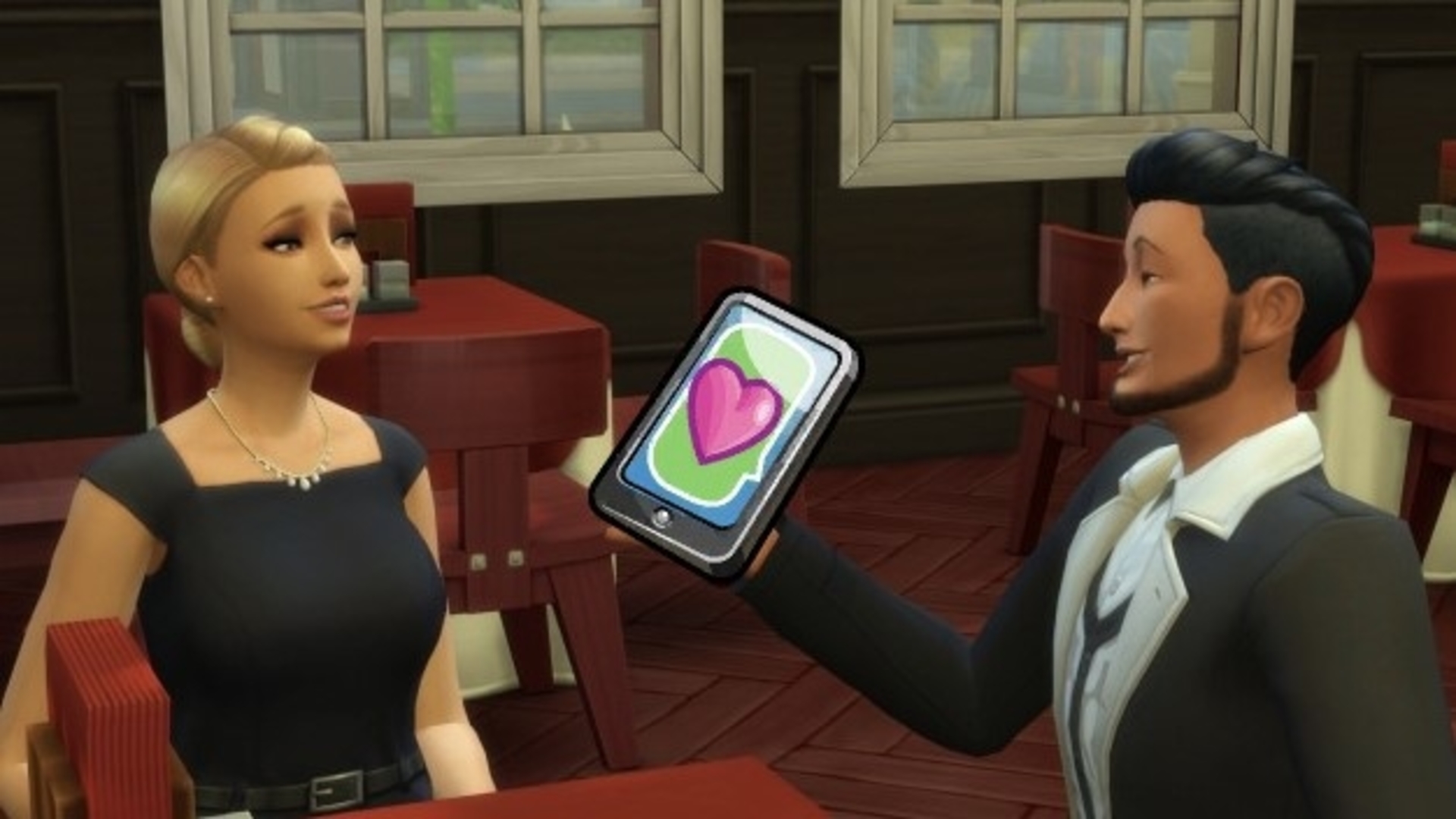Un Sim masculin tend son téléphone à une Sim féminine dans Sims 4 sex mod SIMDA Dating App