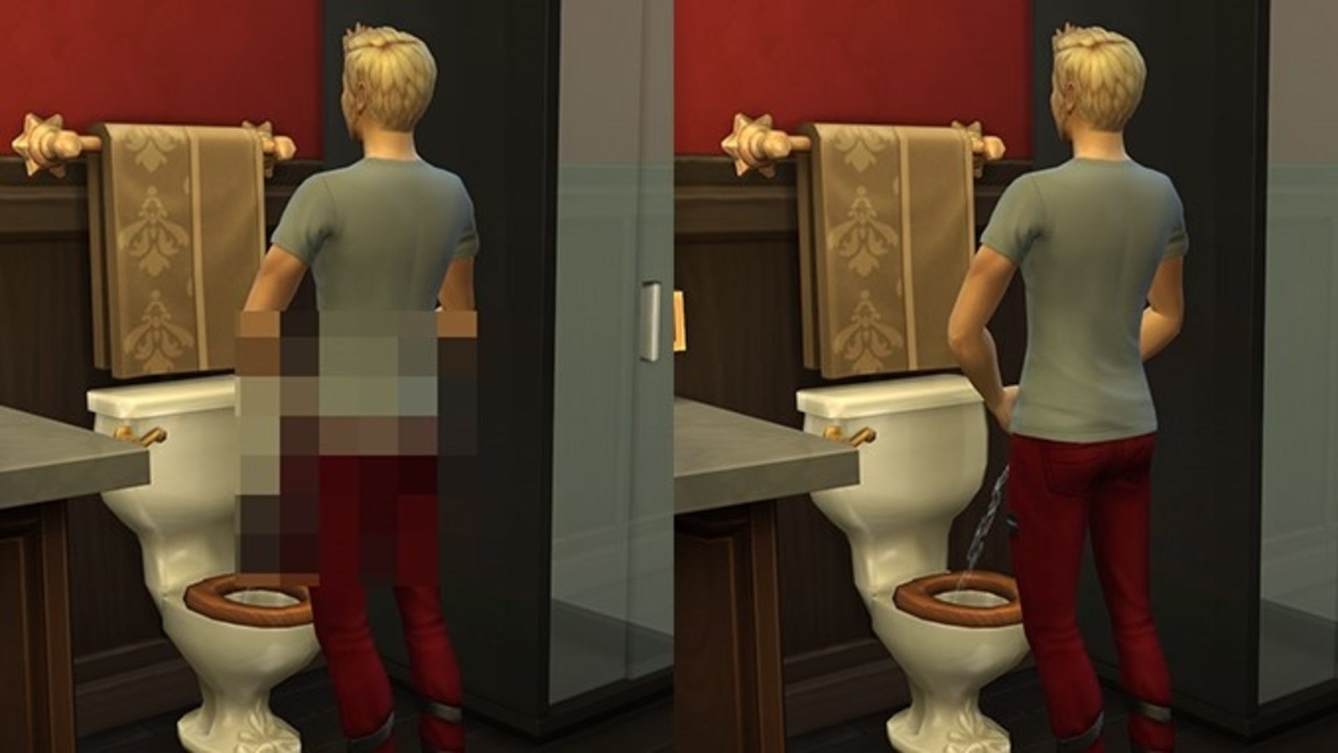 Rozdělený obrázek zobrazující stejného muže čůrajícího na záchodě, včetně necenzurovaného, ​​ze sexuálního modu Sims 4 Crystal Clear, No Censor