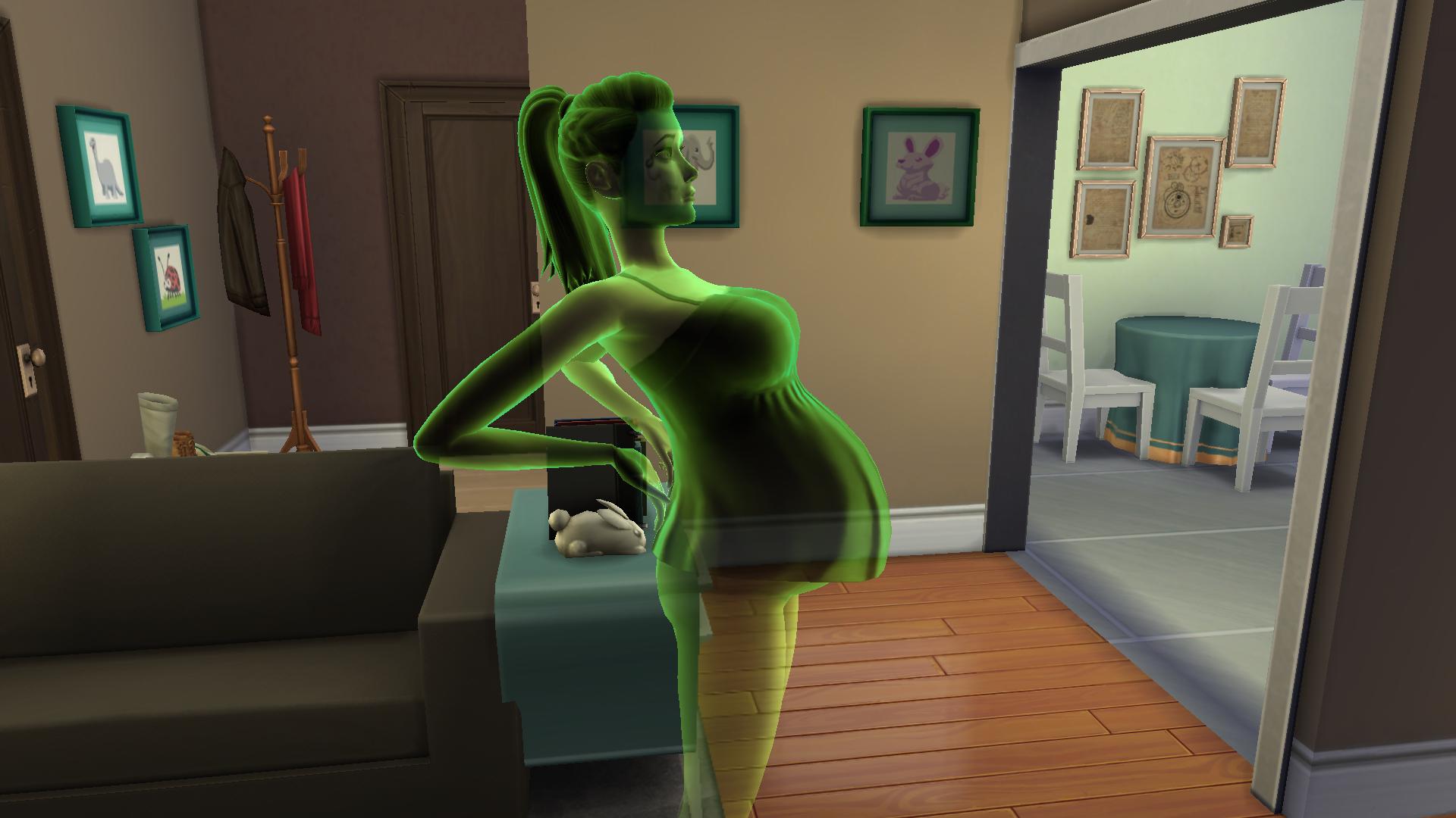 Zelená překládací žena Sims je viditelně těhotná v sexuálním modu The Sims 4. Duchové mohou mít děti!
