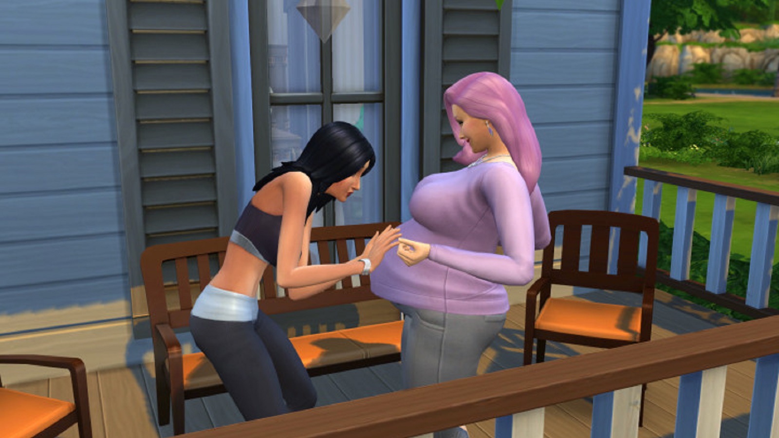 Weiblicher Sim reibt den schwangeren Bauch einer anderen in Sims 4 Baby Mod Sex für alle