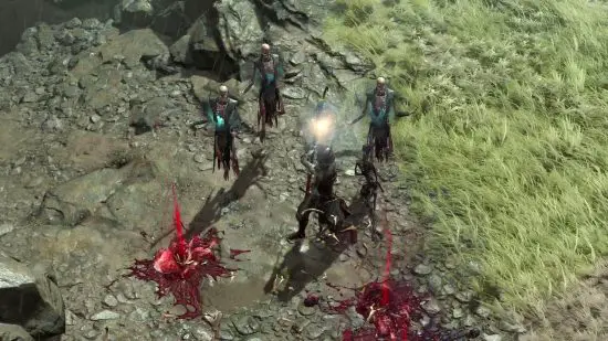 Diablo 4 Nigromante Clase: El Diablo 4 Nigromante de pie en medio de un campo de batalla lleno de cadáveres, convocando a tres Magos de las Sombras esqueléticos.