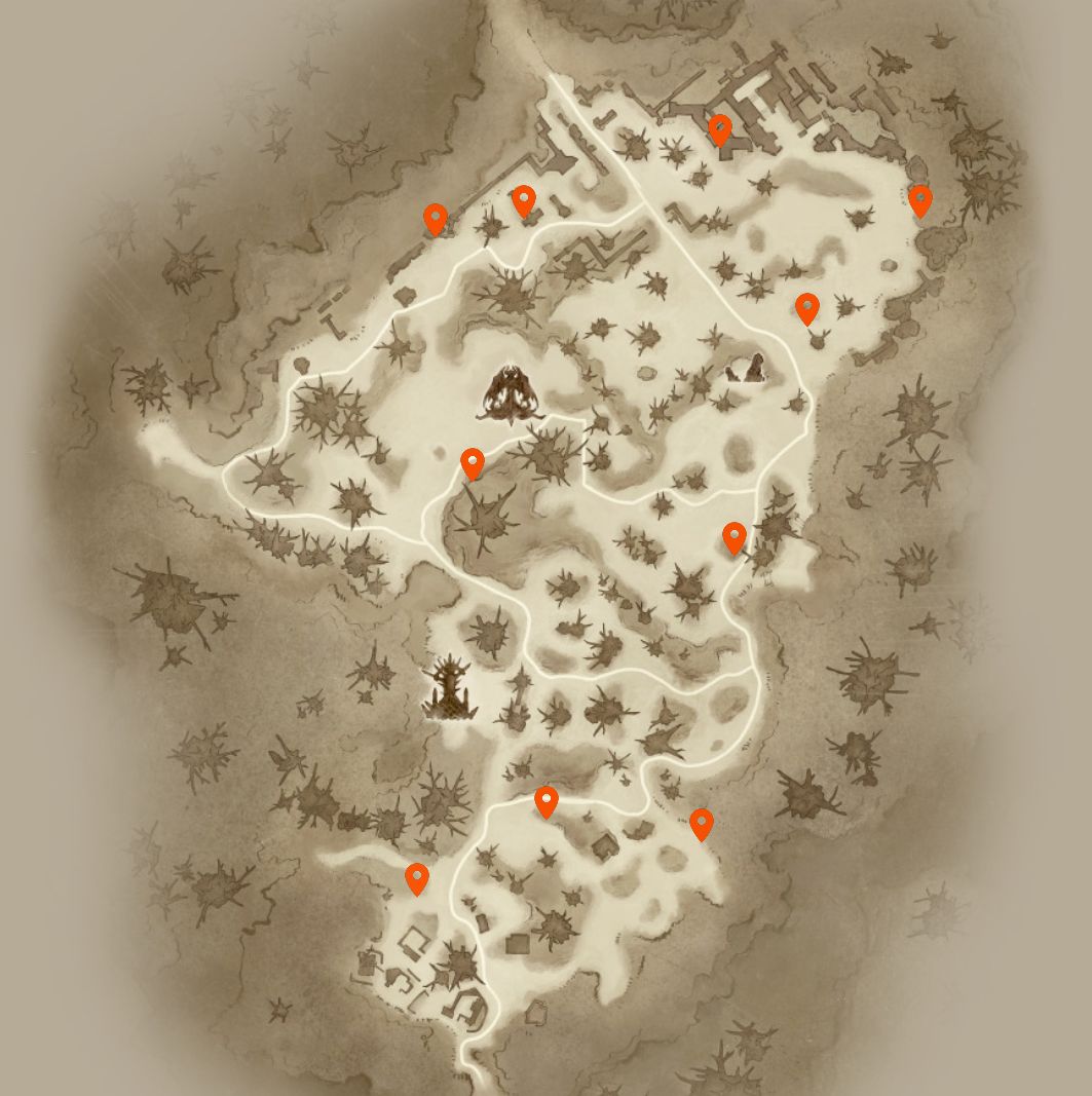 Diablo Immortal Hidden Lairs : Une carte de Dark Wood marquée de Hidden Lairs, principalement regroupée autour du côté nord de la carte.