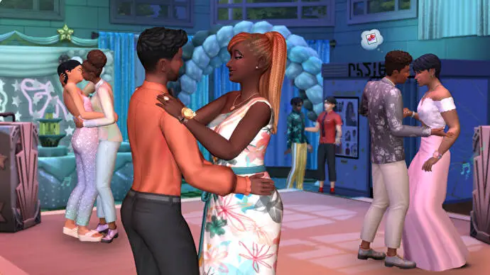 Trois couples dansent à la remise des diplômes dans Les Sims 4 Lycées.