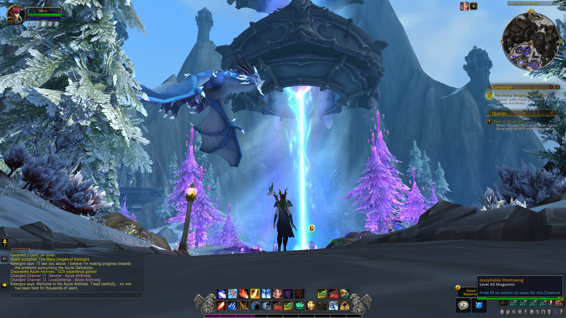 World of Warcraft wow Drachenschwarm weiblicher Draktyr blickt auf den Turm und die darüber fliegenden Kalecgos