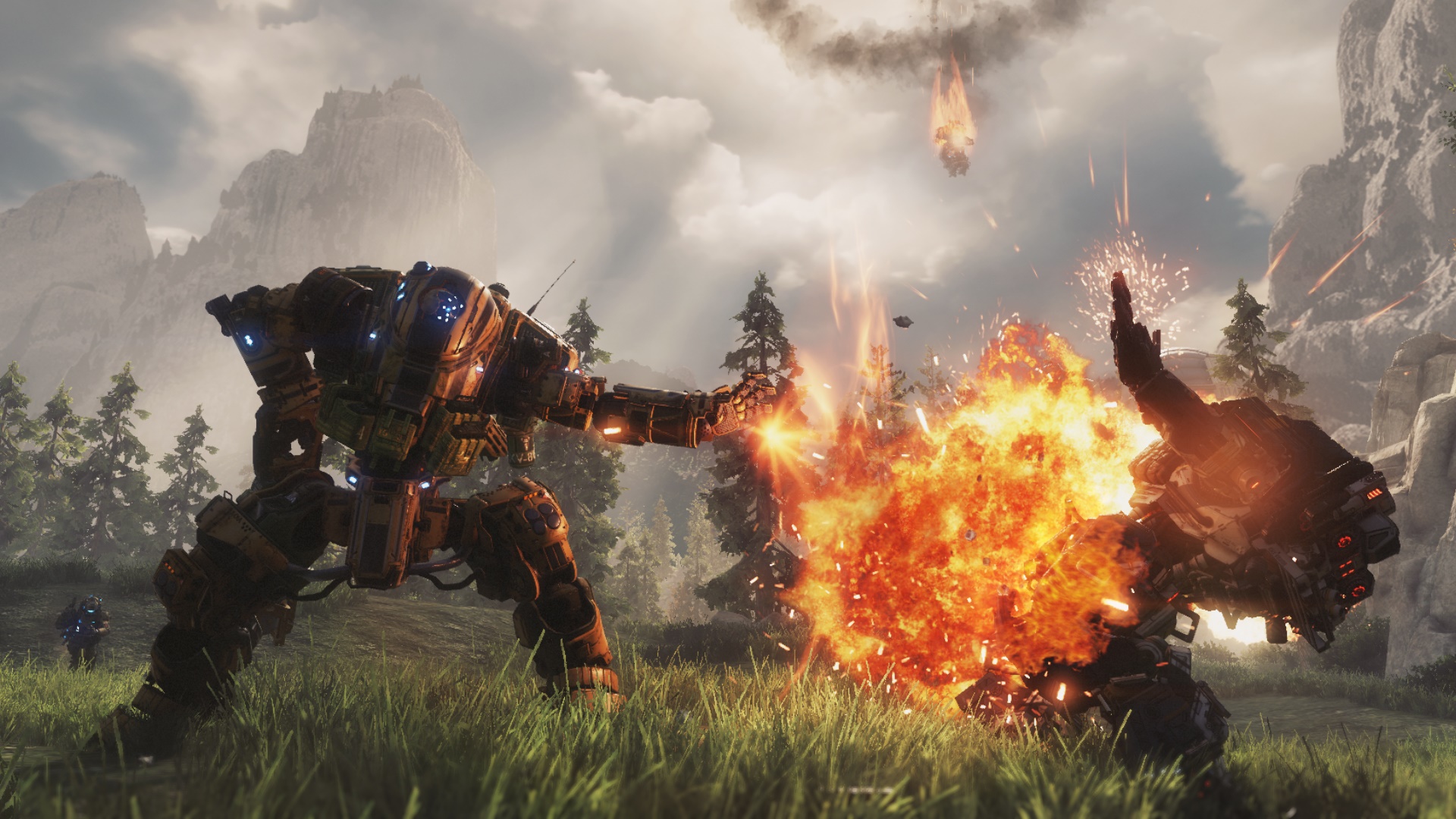 Un mech tire un panache de flammes dans Titanfall 2, l'un des meilleurs jeux de robots