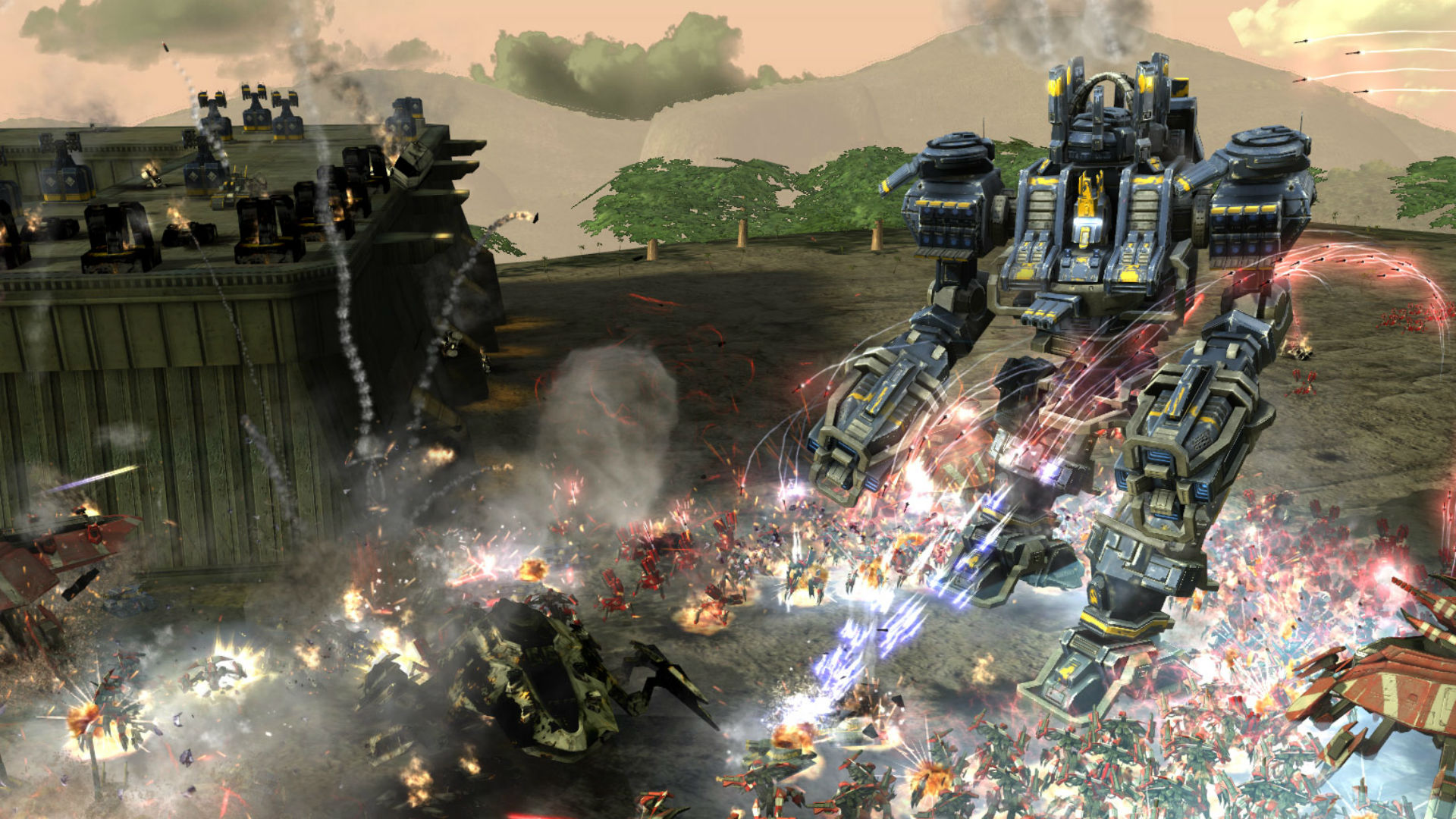 Des centaines d'unités plus petites attaquent un robot dans Supreme Commander 2, l'un des meilleurs jeux de robots