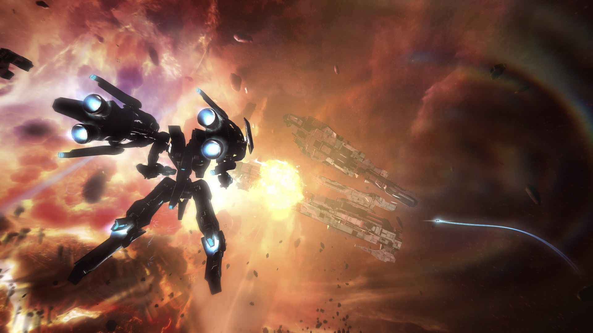 Le Strike Suit vise un navire dans Strike Suit Zero, l'un des meilleurs jeux de robots