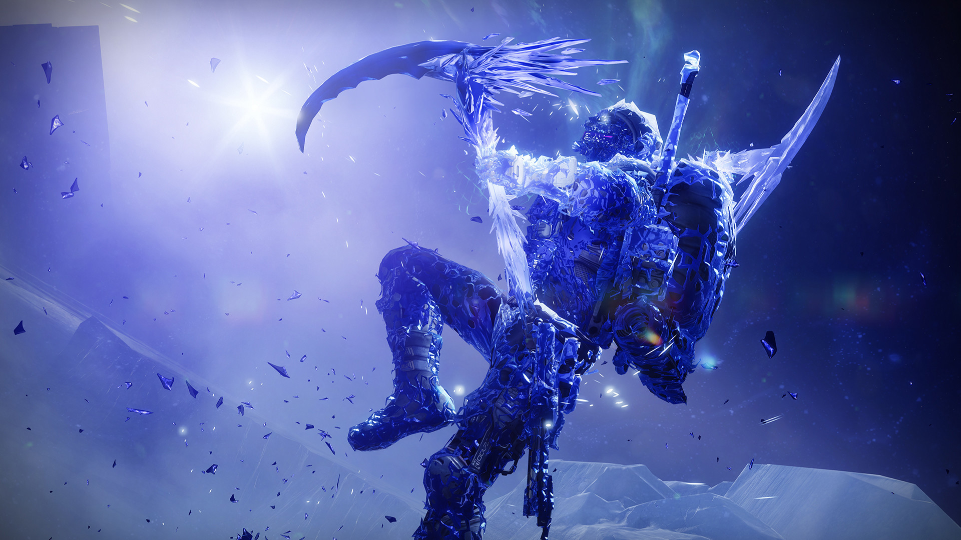 Meilleurs paramètres de Destiny 2: un gardien suspendu dans les airs, armé d'une faux glacée, prêt à abattre ses ennemis