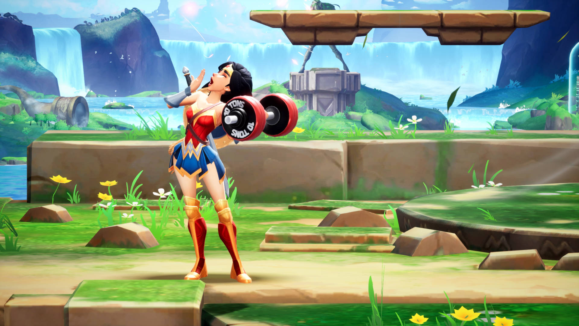 Liste de niveaux multiversus : Wonder Woman soulevant des poids et bâillant.