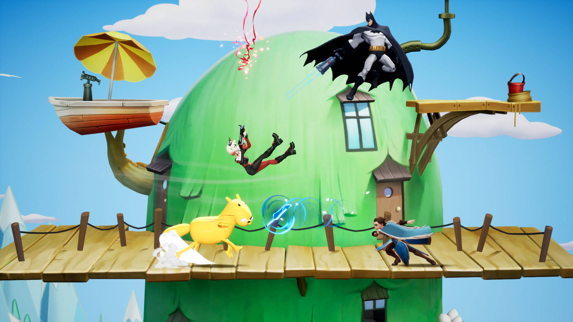 Liste des niveaux multiversus : plusieurs personnages se battant près d'une cabane dans les arbres dans l'univers Adventure Time.  Jake est un cheval, Batman pointe une arme sur Harley Quinn qui tire des confettis et Arya Stark lance un poignard sur Jake.