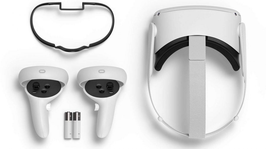 Náhlavní souprava a ovladače Oculus Quest 2 na bílém povrchu