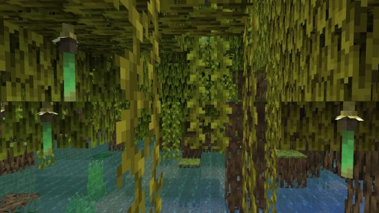 Propagules de mangrove Minecraft suspendues sous un arbre de mangrove