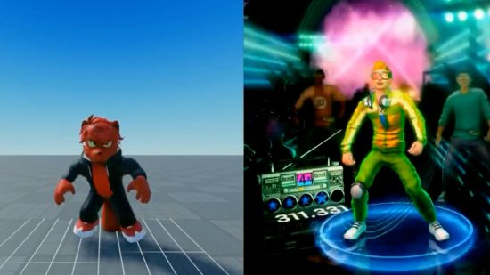 Ein Roblox-Avatar steht neben einem Bild aus einem Musikvideo mit einer animierten Figur.