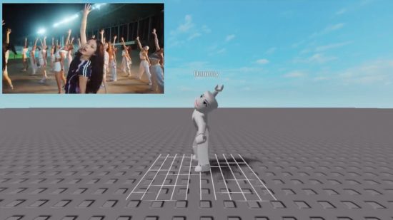 Un avatar Roblox danse en forme à côté d'une vidéo de NewJean's "Attention."