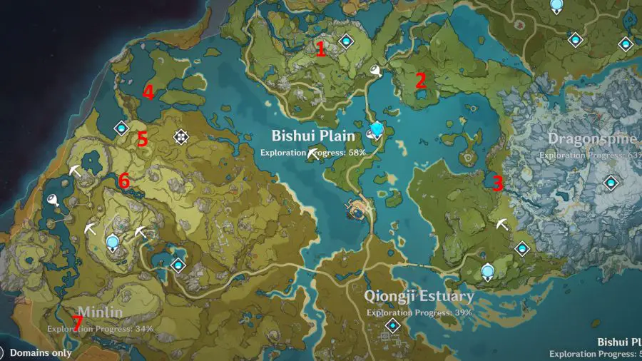 Une carte de Liyue à Genshin Impact répertoriant tous les emplacements du sanctuaire des profondeurs