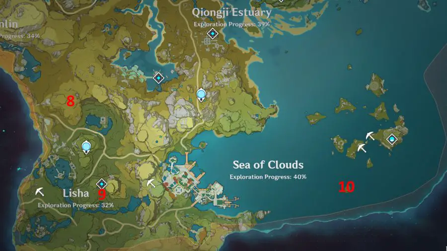 Une carte de Liyue à Genshin Impact répertoriant tous les emplacements du sanctuaire des profondeurs