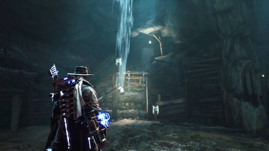 Emplacements uniques des coffres d'Evil West - Jesse est à l'intérieur d'une grotte en train de regarder une échelle cassée lui montrant la sortie.
