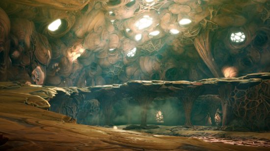 Gameplay, raid e dungeon del protocollo Blue: un luogo sotterraneo neutrale immerso in raggi di luce che brillano attraverso una serie di buchi