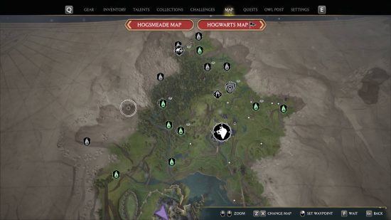 Hogwarts Legacy Floo Flame fast travel - une vue de certaines des régions de la carte du monde.