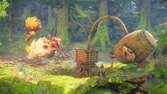 Liste der Wild Hearts-Monster – Ragetail wird gleich von einem riesigen Hammer auf den Kopf getroffen. Ragetail ist eine große Ratte mit einer Blütenhülse, wo sein Schwanz sein soll.
