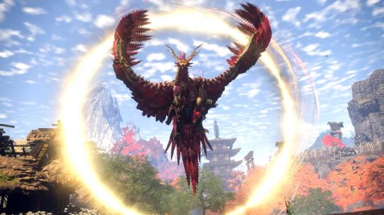 Wild Hearts Monster List - Amaterasu ist ein riesiger Feuervogel, der Sonnenlicht und Feuer kontrolliert. Es schlägt mit den Flügeln und erzeugt dabei ein orangefarbenes, kreisförmiges Leuchten.