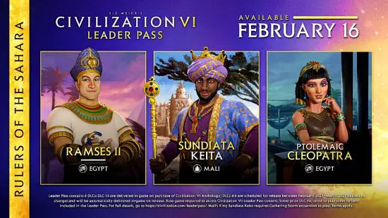 Civilization 6 Rulers of the Sahara DLC – Grafik mit Ramses II, Sundiata Keita und Ptolemaic Cleopatra mit Veröffentlichungsdatum am 16. Februar