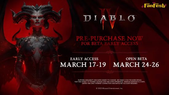 Infografika k beta verzi Diablo 4 zobrazující časný přístup 17. až 19. března a otevřená beta 24. až 26. března