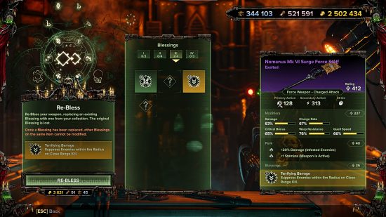 Notes de mise à jour Warhammer 40k Darktide - écran de menu pour l'option de re-bénédiction au Sanctuaire d'Omnissiah