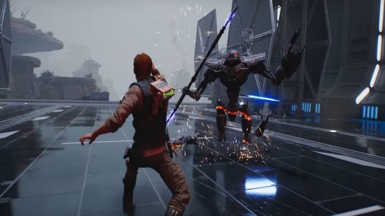 Star Wars Jedi Survivor Bosses: un uomo affetta un enorme robot usando la sua spada laser